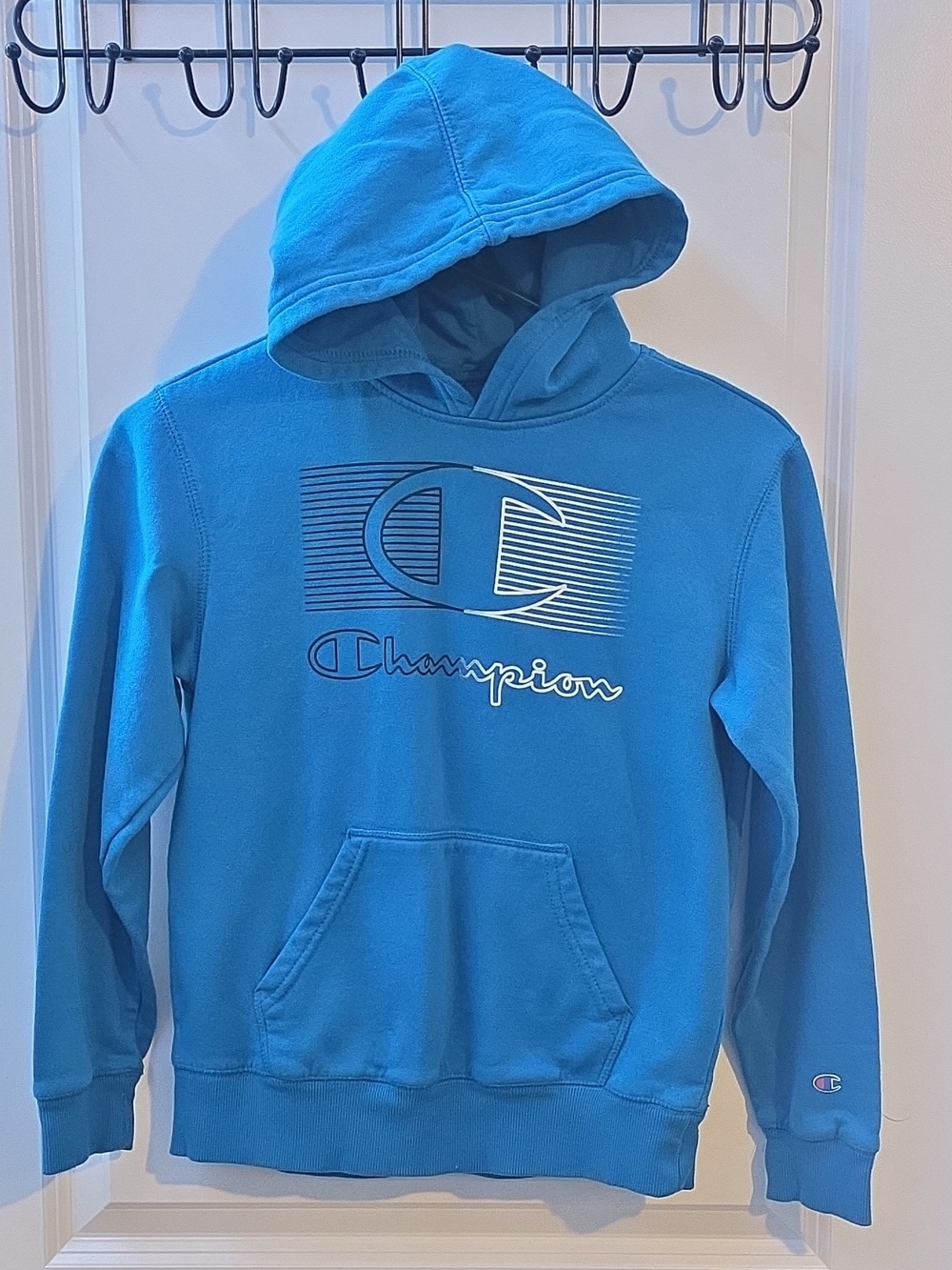 Champion Unisex Kids Pullover Hoodie Size 10-12 Blue Graphic Logo Fleece Pockets